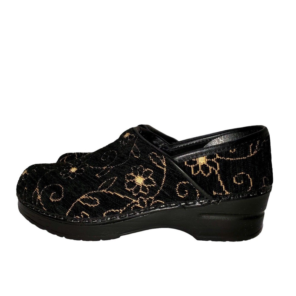 Dansko Women’s Nursing Floral Black Gold Tapestry Clogs, Size 38 (7.5-8)